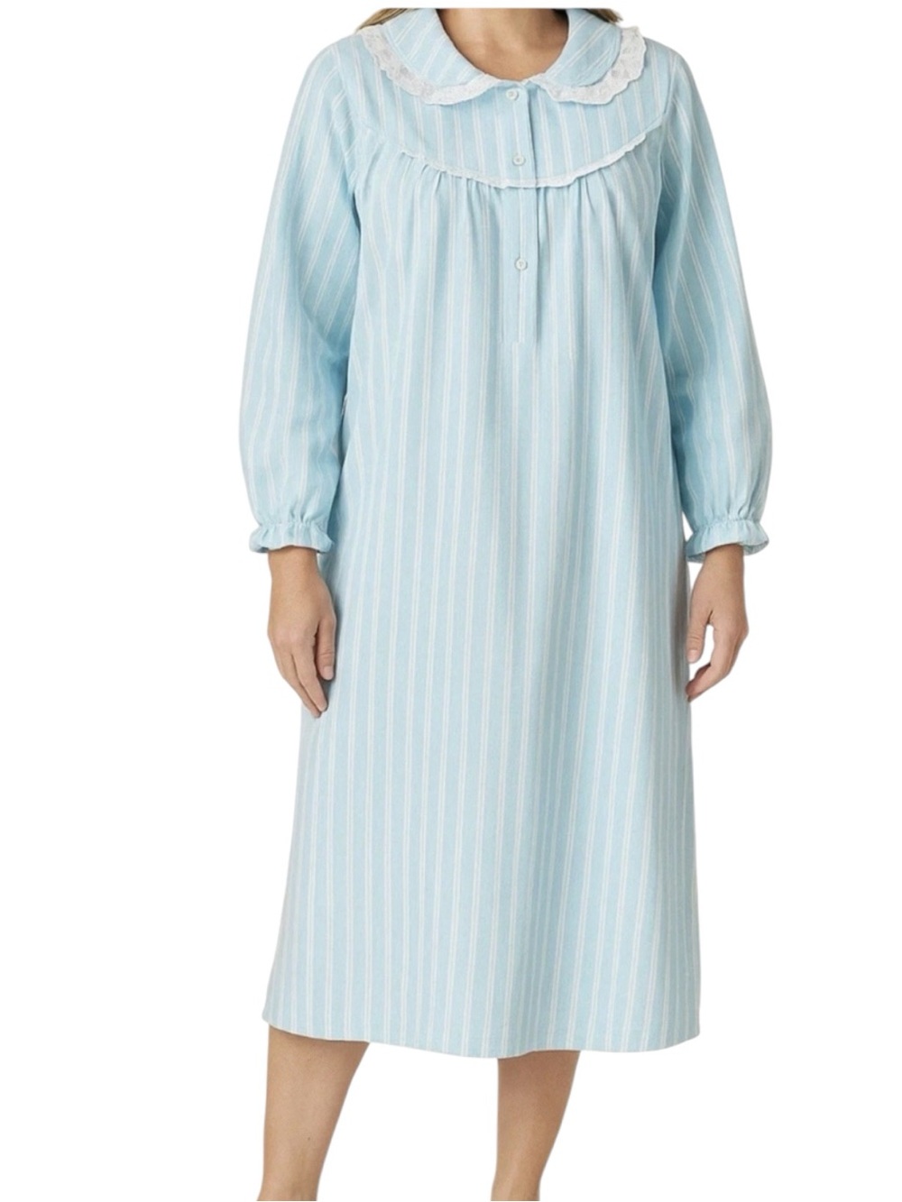 National Blue White Stripe Long Sleeve Cotton Nightgown‎ Lace Collar Large NEW
